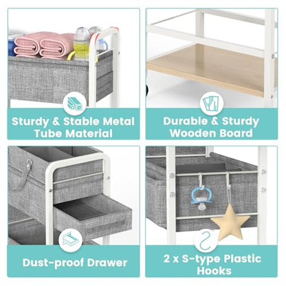 LIDTOP 2In1 Diaper Caddy & 4-Tier Rolling Diaper Cart, Diaper Caddy Organizer Cart with Dividers & Drawer, Mobile Metal Bedside Cart for Baby Nursery Essentials Storage, Large Capacity, White - color: White(with Drawer)