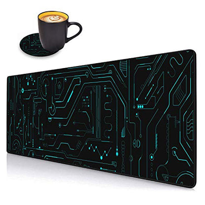 Desk Pad Mat Gaming Mouse Pads with Coasters Set, Stitched Edges Design Mouse Pad XXL Large Mouse Pad for Laptop Computers Circuit Board Pattern Desk Writing Mat for Office & Home 31.5"x 11.8" - color: Circuit Board Pattern