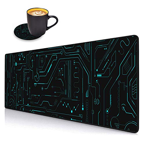 Desk Pad Mat Gaming Mouse Pads with Coasters Set, Stitched Edges Design Mouse Pad XXL Large Mouse Pad for Laptop Computers Circuit Board Pattern Desk Writing Mat for Office & Home 31.5"x 11.8" - color: Circuit Board Pattern