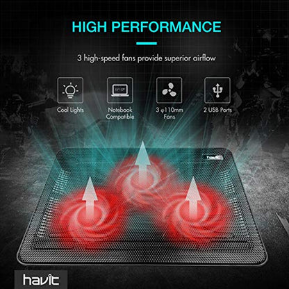 Havit HV-F2056 15.6-17 Inch Laptop Cooler Cooling Pad - Slim Portable USB Powered (3 Fans) (Black+Red) - color: Black+Red