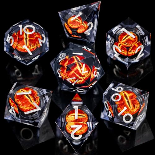 ARUOHHA DND Resin Dice Gazes Eye Dice Liquid Core Flaming RPG Sharp Edged Dice Set with Gift Box, Polyhedral D and D Dice Set Compatible with Dungeons Dragons Role Playing Game D20 D12 D10 D8 D6 - color: Sl01-silver Black