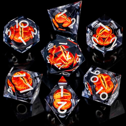 ARUOHHA DND Resin Dice Gazes Eye Dice Liquid Core Flaming RPG Sharp Edged Dice Set with Gift Box, Polyhedral D and D Dice Set Compatible with Dungeons Dragons Role Playing Game D20 D12 D10 D8 D6 - color: Sl01-silver Black