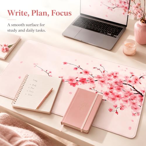 Cherry Blossom Desk Mat, Large Pink Sakura Mouse Pad with Stitched Edges, Non-Slip Rubber Base, 31.5 x 11.8 Inch - color: Pink Cherry Blossom