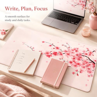 Cherry Blossom Desk Mat, Large Pink Sakura Mouse Pad with Stitched Edges, Non-Slip Rubber Base, 31.5 x 11.8 Inch - color: Pink Cherry Blossom