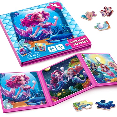 Magnetic Jigsaw Puzzles for Toddlers Kids 3-8 Girls,(3 36-Pieces) Travel Puzzles Toys for Kids Ages 4-6,Take-Along Car Airplane Road Trip Activities Game for 3 4 5 6 7 8 Year Old Birthday Gift,Mermaid - style: Mermaid Princess