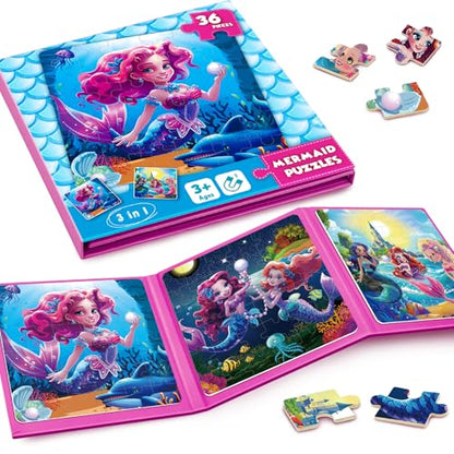 Magnetic Jigsaw Puzzles for Toddlers Kids 3-8 Girls,(3 36-Pieces) Travel Puzzles Toys for Kids Ages 4-6,Take-Along Car Airplane Road Trip Activities Game for 3 4 5 6 7 8 Year Old Birthday Gift,Mermaid - style: Mermaid Princess