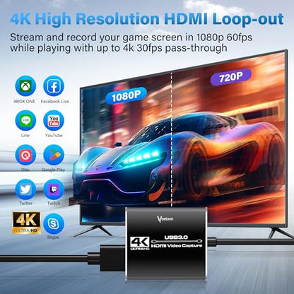 Audio Video Capture Card for Broadcasting,4K HDMI to USB C Capture Card with USB A 3.0 Adapter,1080P 60FPS, Work with iPad Mac OS Windows, Camera/Xbox/PS5/PC/OBS/DVDs,DSLR for Streaming