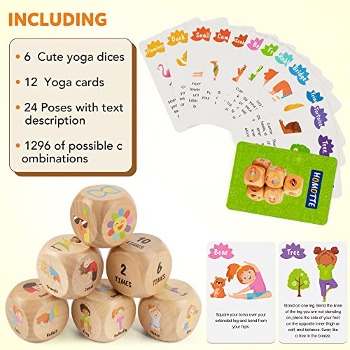 Homotte Wooden Yoga Dice Set for Kids Fun Workout Game | Including 6 Exercise Dice, 12 Yoga Cards & A Box, Mindfulness Yoga Set for Girls & Beginners