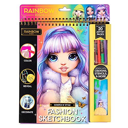 Rainbow High Scratch ‘n Style Fashion Sketchbook by Horizon Group USA, Scratch Art, Coloring Book, Includes Stencils, Crayons, Scratch Art Stickers & More,Multi,210933 - style: Coloring Book