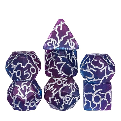 Purple DND Dice Cracked Polyhedral Dice Set D&D for Tabletop Games | Leather Storage Bag, DM Gift, for Dungeons and Dragons Role Playing Games - color: Crackle-silver
