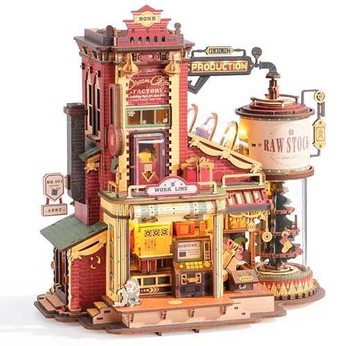 ROKR 3D Puzzle for Adults Christmas Dream Gift Factory Wooden Model Kit Luminous Factory DIY Dollhouse Kit Building with Music, Lights and 5 Elves for Adults