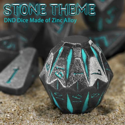 FONVGOGO Metal DND Dice Set, 7 Dungeons and Dragon Dice Stonehenge Design | Unique Cool D and D Metal Dice Set for RPG Role Playing Games, Blue Polyhedral Dice, DND Gifts for Tabletop Games - color: S Blue