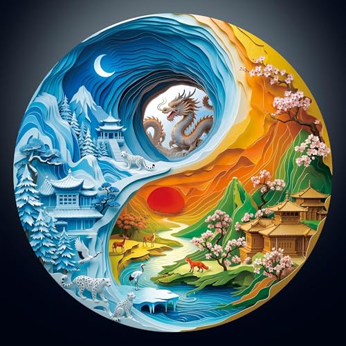 1000 Piece Round Jigsaw Puzzle for Adults - 3D Visual Yin-Yang Mountain Animals 26.6in Diameter Circular Brain Challenge & Artistic Home Decor for Mindful Relaxation - color: D-yin-yang Animals