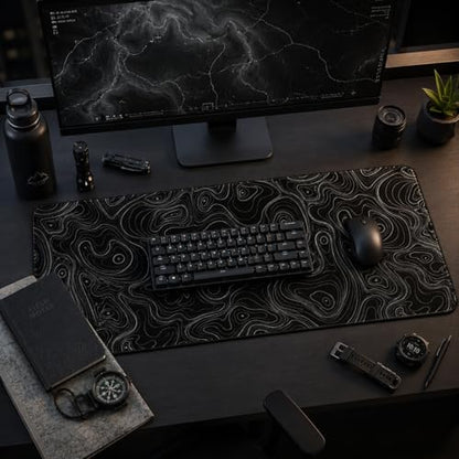 Topographic Gaming Mouse Pad 35.4x15.7 Inch, 0.12 Thickness, Extended Full Desk Mat, Non-Slip Rubber Base, Water Resistant Surface, Black Mousepad for PC Gaming, Office, E-Sports - color: Black Topographic Map