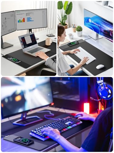 Wireless Charging Mouse Pad, 31.5"x15.8" Large Desk Mat, Smooth Glide | Waterproof Mousepad, Stitched Edge, Non-Slip Rubber Base, Desk Pad Computer Keyboard Mat, No Adapter - color: Black-31.5"x15.8"