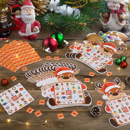 Blosssound Reindeer Christmas Bingo Game – 24 Players Holiday Bingo Cards with Reindeer Theme, Winter Party Game for Family Gatherings, Classroom Activities, and Christmas Party Favors - style: Reindeer
