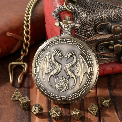 Mini DND Dice Set with Steampunk Double Dragon Pocket Watch Case, Tiny 7-Piece Polyhedral Metal D&D Dice, DND Gifts with Gift Box, Role Playing Game Board Game Accessories Dice, Bronze - color: Bronze