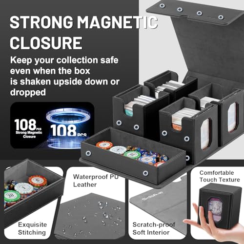 Trading Card Storage Box with Commander Display for MTG, TCG, Sports Cards, 5-in-1 Card Deck Box, Holds 450+ Double-Sleeved Cards, 4 Individual Deck Cases with Covers, Dice Tray & Magnetic Holders - color: Black & Grey
