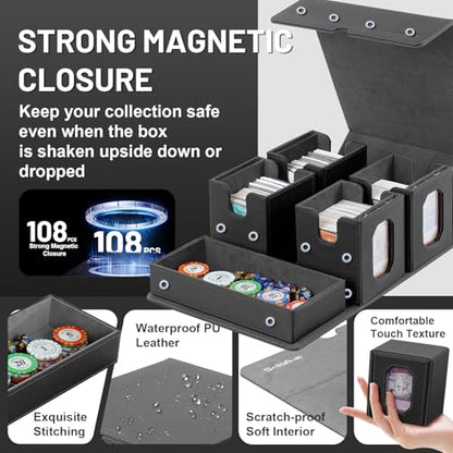 Trading Card Storage Box with Commander Display for MTG, TCG, Sports Cards, 5-in-1 Card Deck Box, Holds 450+ Double-Sleeved Cards, 4 Individual Deck Cases with Covers, Dice Tray & Magnetic Holders - color: Black & Grey