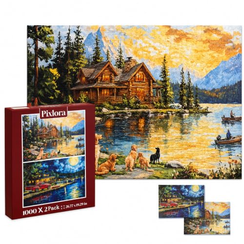 Puzzles for Adults 1000 Pieces, 2 Pack Lake Cabin and Moonlight Jigsaw Puzzles, Night View Theme, Challenging Puzzles for Game Night, Perfect for Nature Lovers - style: Wait&Moonlight