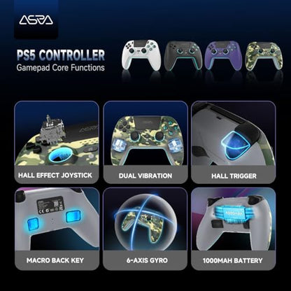 ASRVA Camo Wireless Pro Controller for PS5, Hall Effect Joystick No Drift, 2 Back Paddles, Macro, Gyro, 1000mAh, RGB, Compatible with PS5/Pro/Slim/PC/iOS/Android - color: Camo
