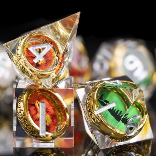 Magic Golden Ring DND Dice Set Sharp Edge Red Gaze Eye Resin Dice with Box, for use with RPG D&D Tabletop Games Lord D and D Polyhedral Dice Set - color: Ring -Eye-silver Numbers