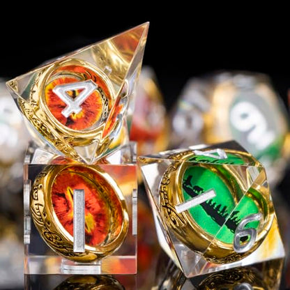 Magic Golden Ring DND Dice Set Sharp Edge Red Gaze Eye Resin Dice with Box, for use with RPG D&D Tabletop Games Lord D and D Polyhedral Dice Set - color: Ring -Eye-silver Numbers