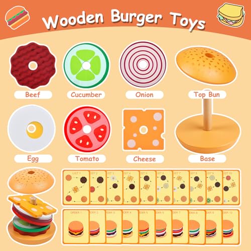Wooden Burger Stacking Toys Montessori Toys For Toddlers Preschool Education Activity Board Game Early-Education Matching Speed Race Pretend Toy Food Back To School (Burger) - color: Burger