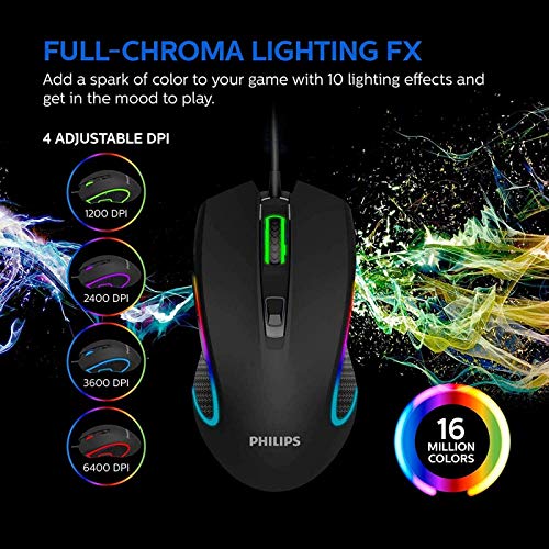 Philips Wired PC Gaming Mouse RGB Spectrum Backlit Ergonomic Mouse, Programmable Buttons Up to 6400 Adjustable DPI Optical USB Computer Mice for Windows PC Gamers