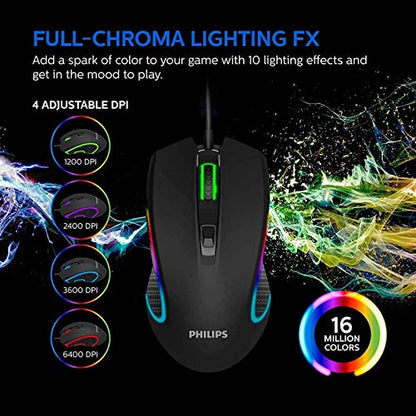 Philips Wired PC Gaming Mouse RGB Spectrum Backlit Ergonomic Mouse, Programmable Buttons Up to 6400 Adjustable DPI Optical USB Computer Mice for Windows PC Gamers
