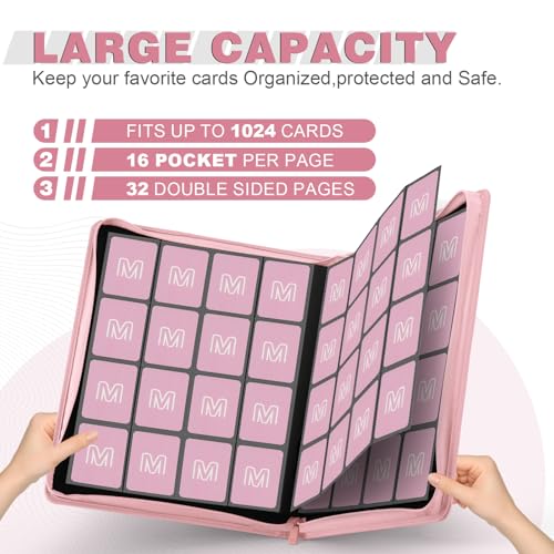 Premium Card Binder 16 Pocket,Trading Card Binder Holds up to 1000+Cards Sturdy Card Collection Album, Card Holder Folders for MTG, TCG, Game Cards & Sports Cards - color: 16 Pink