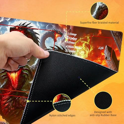 MTG Playmat with Storage Tube & 7-Dice Set - Waterproof TCG Playmat with Stitched Edges, Non-Slip Rubber Card Game Mat (24"x14") (playmat with Zones, Dragon Fire Vortex) - color: Dragon Fire Vortex, style: playmat with zones
