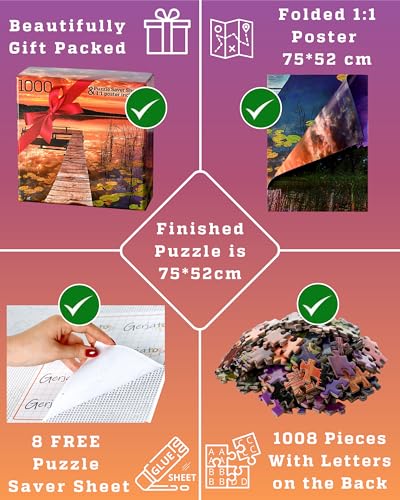 Puzzles for Adults 1000 Pieces - Real-Photo Lake Sunset Jigsaw Puzzle with Matte Finish, Letters on Back, Full-Size Poster, 8 Saver Sheets & Gift-Ready Box - color: Sunset on the Lake