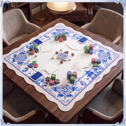 Blue and White Chinoiserie Floral Mahjong Mat 31.5" x 31.5" | Non-slip, Noise Reduction, Gaming Mat with Carrying Bag, Mahjong Table Cover for Poker Board Card Games Dominoes - style: Blue and White