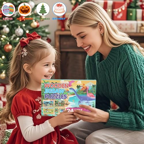 Wooden Puzzles for Kids Ages 4-6, 24 Piece Vehicle Car Construction Jigsaw Puzzles 4 Packs, Preschool Toddlers Learning Activity Puzzles Toys for Boys Girls 3 4 5 6 Years Old (Dinosaurs+Farm+Ocean) - color: Dinosaurs+farm+ocean