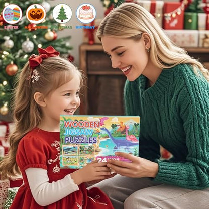 Wooden Puzzles for Kids Ages 4-6, 24 Piece Vehicle Car Construction Jigsaw Puzzles 4 Packs, Preschool Toddlers Learning Activity Puzzles Toys for Boys Girls 3 4 5 6 Years Old (Dinosaurs+Farm+Ocean) - color: Dinosaurs+farm+ocean