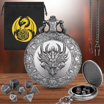 Mini DND Dice Set, with Steampunk Dragon Head Pocket Watch Shell Case, 7-Piece Polyhedral Metal D&D Dice, DND Gift Bag with Dragon Logo, MTG, Role Play Board Game Accessories, Dark Silver