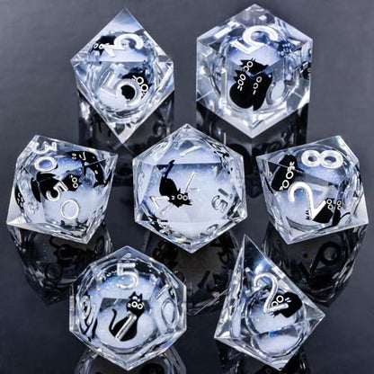 Roycevon Resin DND Dice Set with Gift Box, 7Pcs Liquid Core Cat D&D Dice, Cute Dungeons Dragons D and D Dice, Sharp Edge Role Playing Game Dice D20 D12 D10 D8 D6 D4, White - color: White
