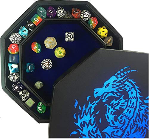 Fantasydice Blue Fire Dragon Dice Tray with Lid – 9" Octagon with Dice Staging Area, Holds 5 Dice Sets – Perfect for D&D, Call of Cthulhu, Shadowrun, and All Tabletop RPGs - color: Blue Dragon Octagon