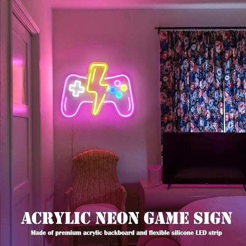 Pink LED Game Neon Sign Light for Gamer Room Decor USB Powered with Switch Gaming Accessories Acrylic Gamepad Neon Sign for Video Game Room Teen Girls Bedroom Wall Decor Gift Ideas for Gamer - style: Lightning Pink Gampad
