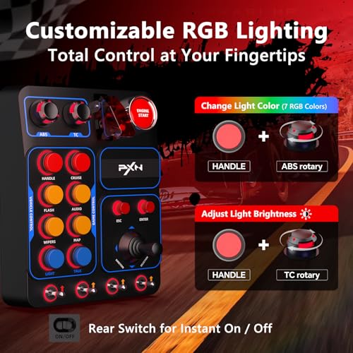 PXN CB1 PC Button Box, Programmable Sim Control Panel | 19 Buttons & Switches, RGB Backlit, Driver-Free USB, for Gaming Steering Wheel Setup, Racing, Truck & Farming Sims