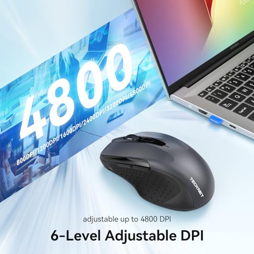 TECKNET Rechargeable Jiggler Wireless Mouse, Dual-Mode Connectivity, Grey | Silent USB A & Bluetooth Mouse, 6 Adjustable DPI, 6 Buttons, Ergonomic Design, Long Battery Life, Multi-Device Compatibility - color: Grey