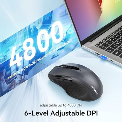 TECKNET Rechargeable Jiggler Wireless Mouse, Dual-Mode Connectivity, Grey | Silent USB A & Bluetooth Mouse, 6 Adjustable DPI, 6 Buttons, Ergonomic Design, Long Battery Life, Multi-Device Compatibility - color: Grey