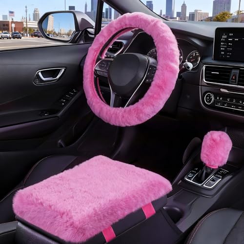 Furry Steering Wheel Cover, Gear Shift Center Console Cover, 3 PCS | Heat Absorbing, Warm Plush, Elastic Stretch, Standard Size 14.5"-15“, Anti-Slip Car Interior Accessories, Set of 3, Pink - color: 3 pcs set - pink