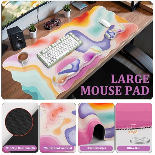 L-SPOUTTO Topographic Mouse Pad Set,Abstract Scalloped XXL Desk Mat + Ergonomic Mouse Wrist Rest +Gel Keyboard Wrist Rest for Keyboard 65%/75%,3in1 Large Desk Pad for Desktop Home Office Computer Game - color: Colorful Topographic