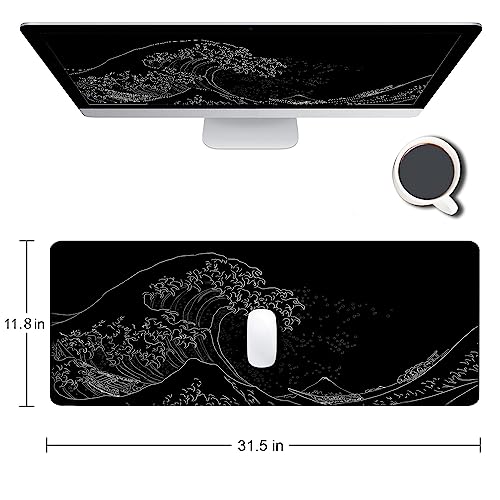 Gaming Mouse Pad, Large Mouse Pads for Desk, Non-Slip Rubber Base Mousepad, Keyboard Mouse Mat, Desk Pad with Stitched Edges, 31.5x11.8inch, The Great Wave Off Kanagawa - color: 14 the Great Wave Off Kanagawa