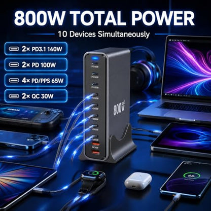800W USB C Fast Charger Block,Multi-Port USB Charging Station,GaN Ⅲ 140W PD PPS Port Desktop & Cell Phone Charging for Multiple Devices, Compatible w MacBook, iPhone, iPad, HP, etc