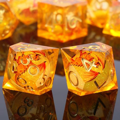 DNDND Red Dragon Dice with Gold Numbers | Liquid Core 7-Piece Sharp Edge Resin DND Dice Set | Dragon Themed Collectible Metal Case | RPG Tabletop Gaming Gift - color: Liquid Dragon Gold