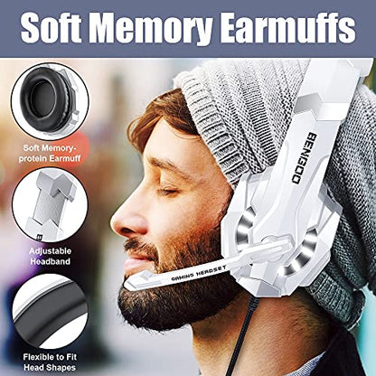 BENGOO Pro Gaming Headset for PS4 PS5 PC Xbox One Controller, Noise Cancelling Over Ear Headphones with Mic, LED Light, Bass Surround, Soft Memory Earmuffs for Laptop Mac - White - color: White