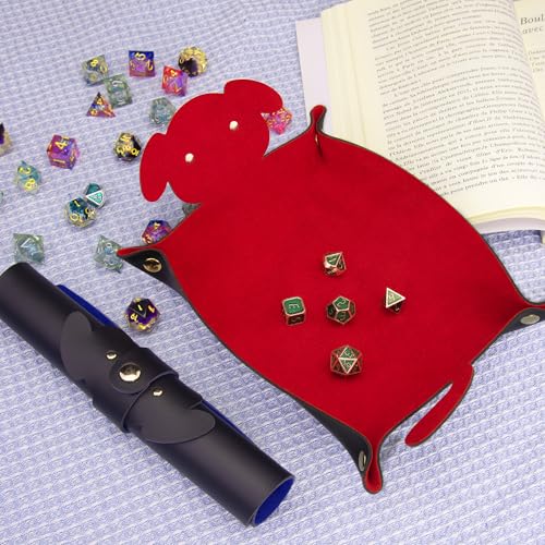 SIQUK 2 Pieces Dog Dice Tray Folding Dice Rolling Trays PU Leather Scroll Dices Holder Storage for D&D RPG Games (Blue, Red) - color: Blue, Red